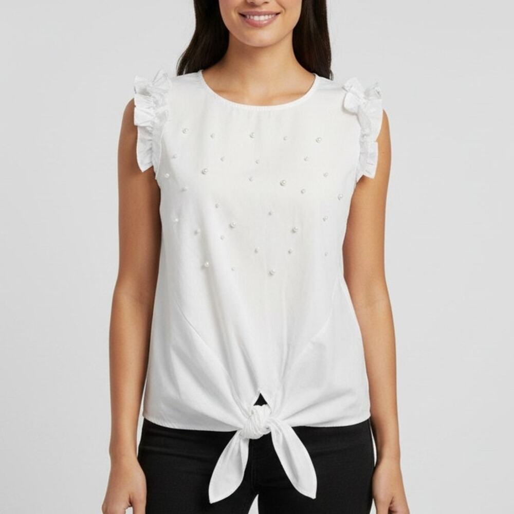Vivid Importers of NY Tie Front Pearl Blouse Womens Sz Small White Ruffle Sleeve